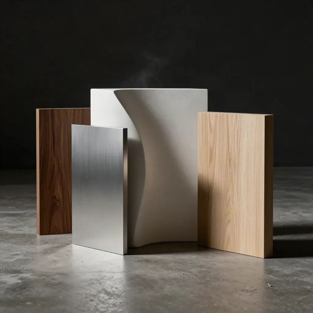 Maquette in gesso su piedistalli con campioni materiali, illuminata in modo drammatico in atelier buio.