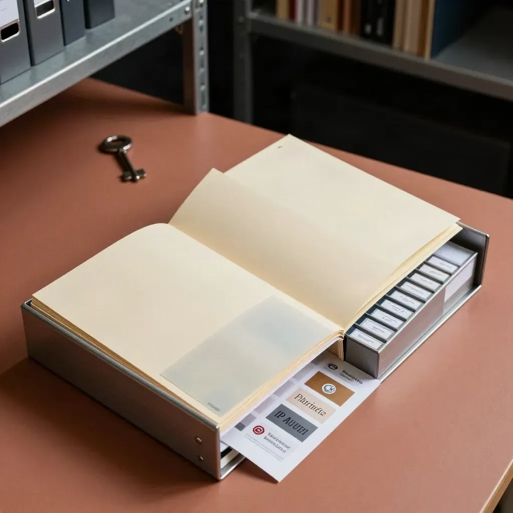 Cartelle e campioni IP in ordine, con archivio chiuso e priorità fisiche su fondo terracotta.
