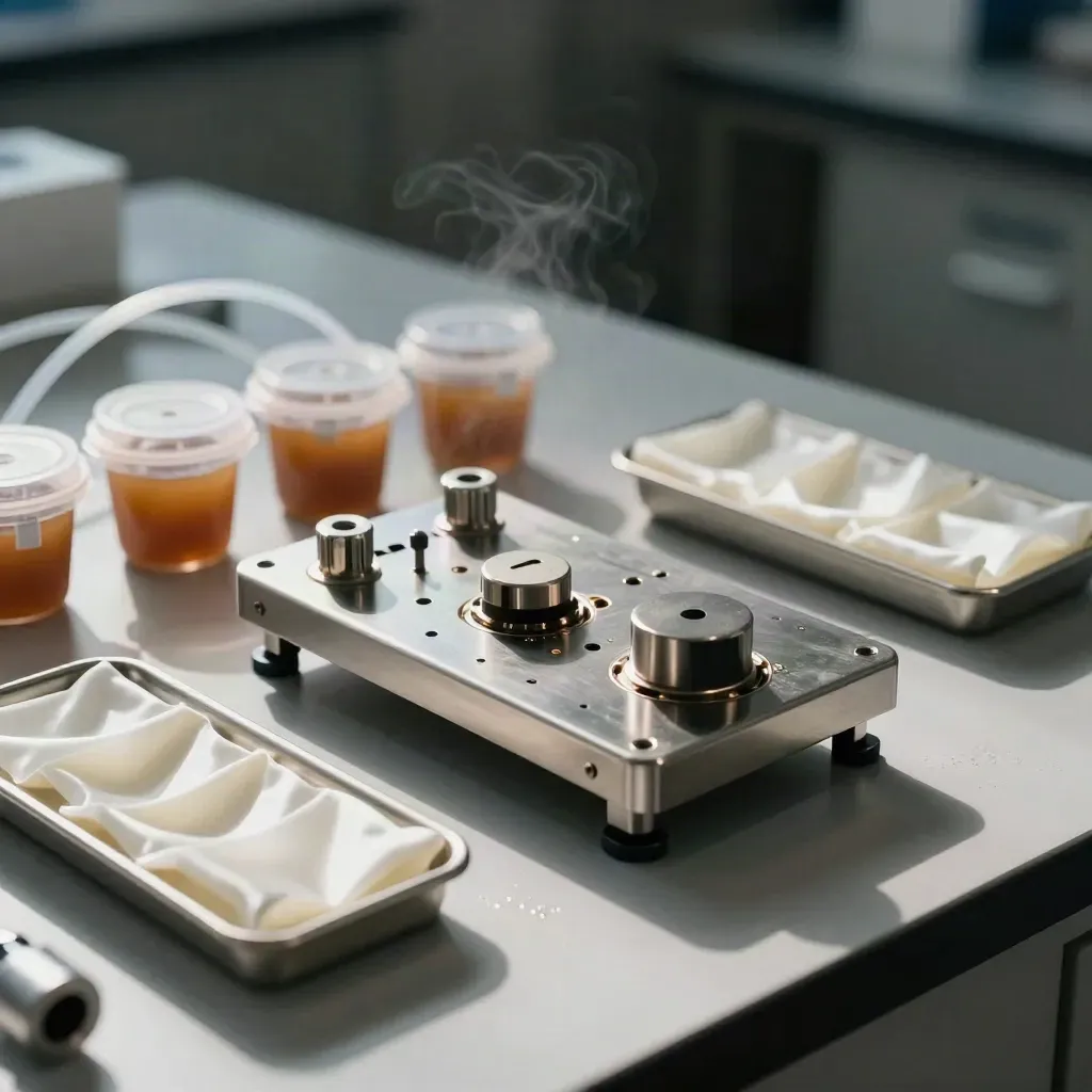 Modulo sensore alimentare in acciaio su banco sterile con campioni e vassoio pronto al collaudo.
