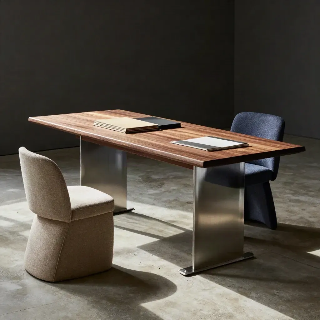 Tavolo ufficio in rovere scuro con prototipi di seduta e finiture, luce drammatica e polvere nell’aria