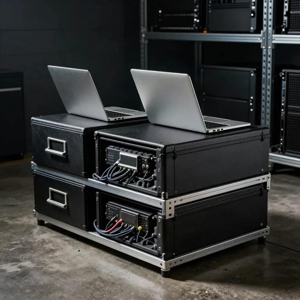 Angolo startup SaaS ordinato con laptop chiusi, archivi neri e moduli hardware pronti al round.