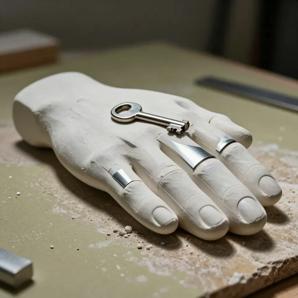 Maquette in gesso e resina lucida con finiture metalliche, luce radente drammatica.