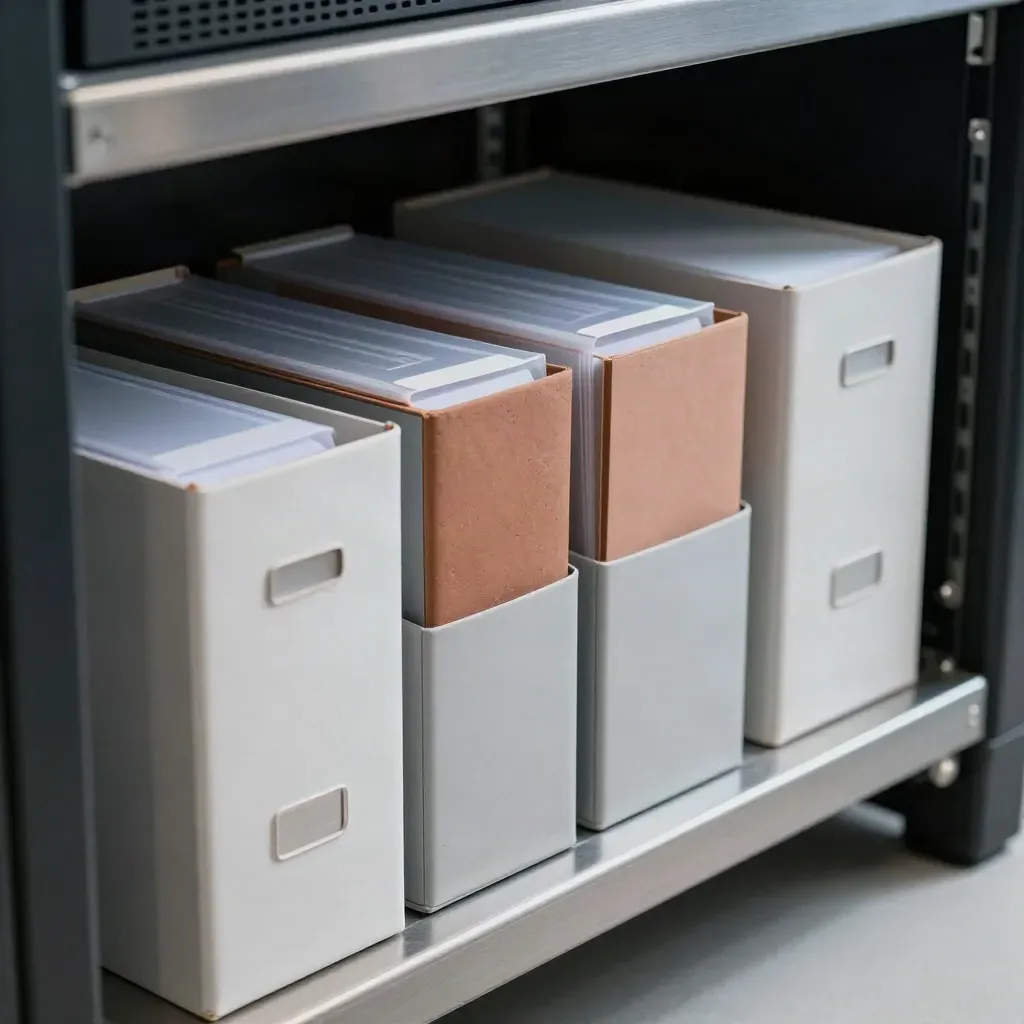 Scatole archivio, cartelle sigillate e unità backup in un bay IP, luce radente fredda