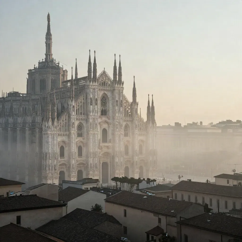 Il Duomo di Milano all’alba emerge dalla foschia sulla pianura lombarda.