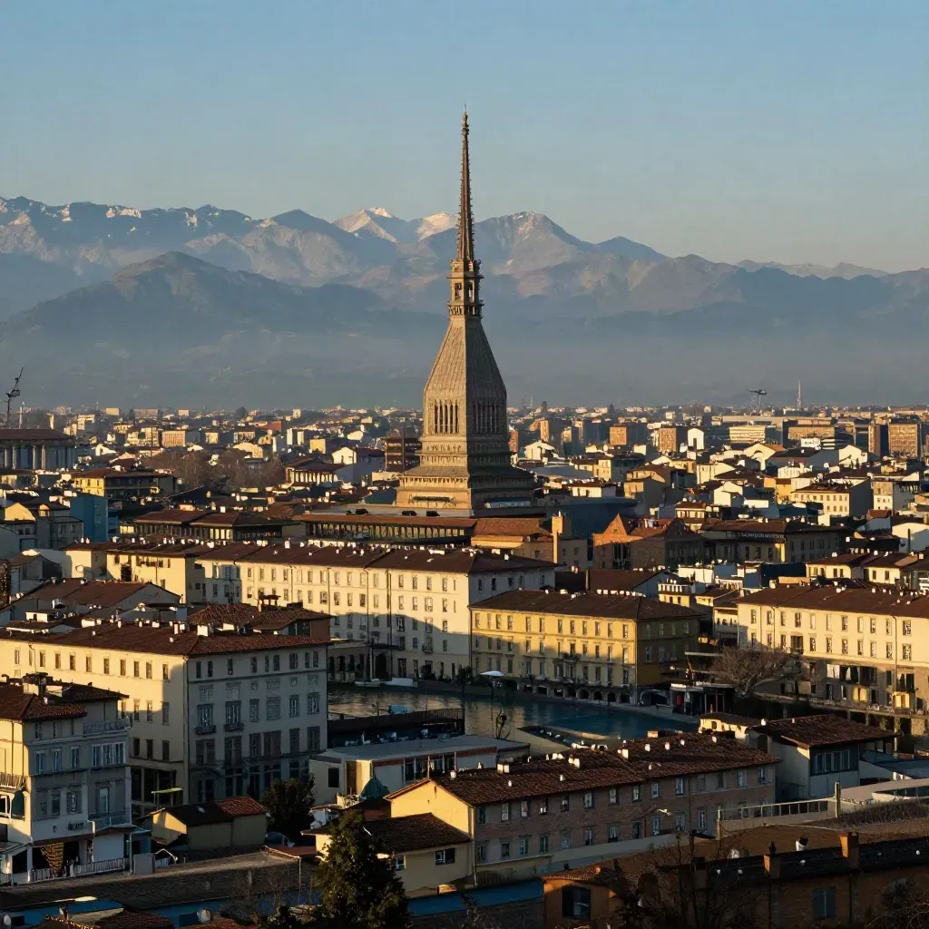 Torino all’ora dorata con Mole Antonelliana e Alpi lontane nella foschia