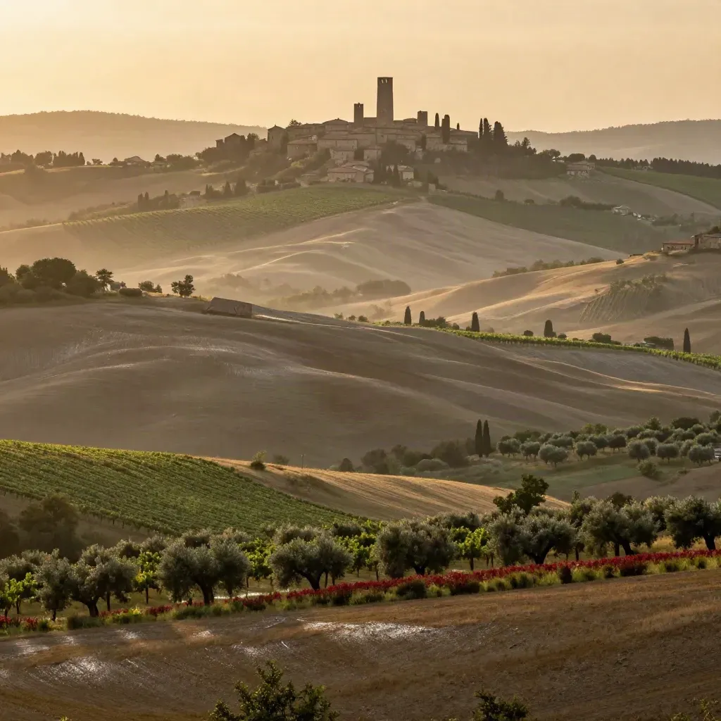 Colline dell’Emilia-Romagna al tramonto dopo la pioggia, torri lontane e campi morbidi.
