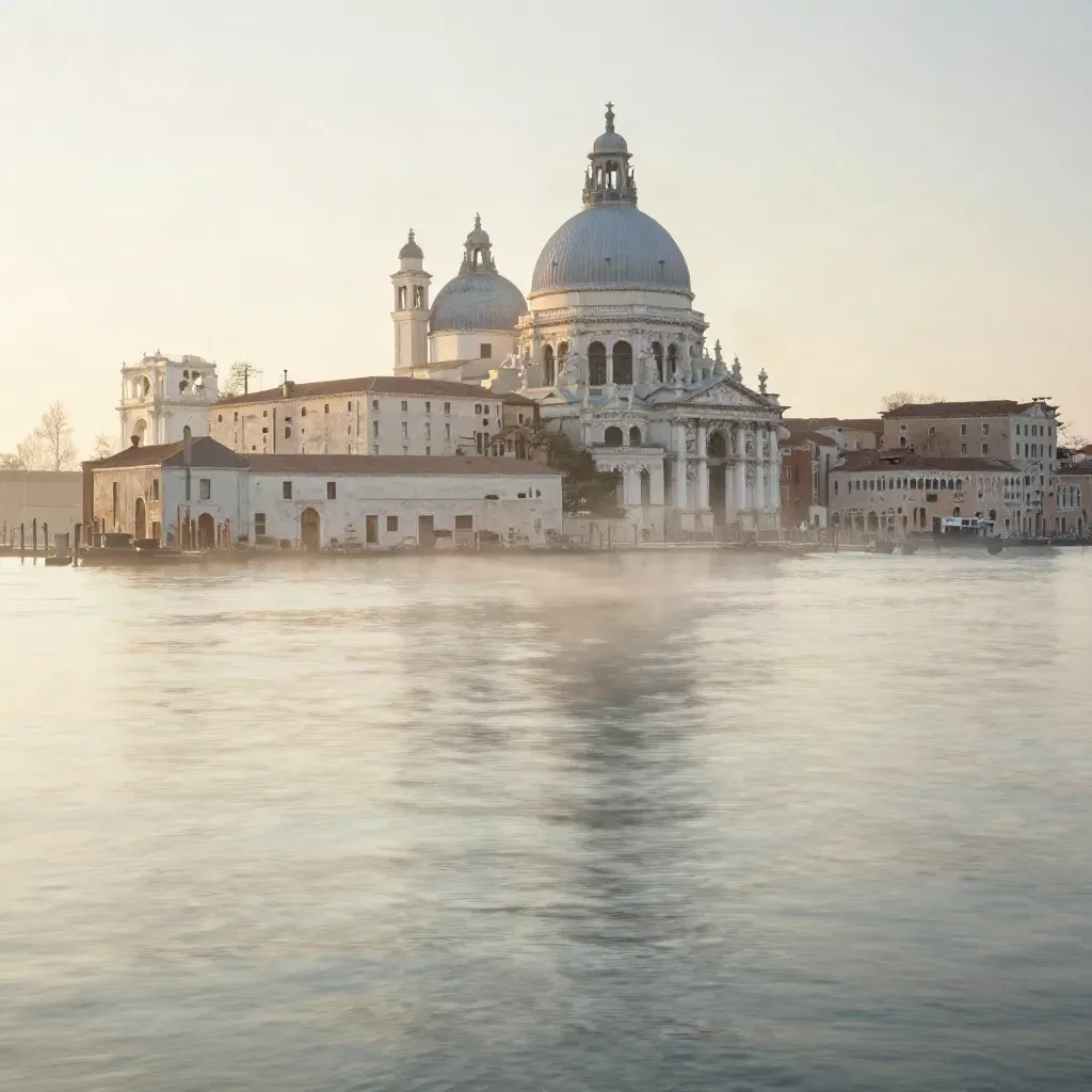 La laguna veneziana all’alba con la Basilica alta nella foschia e acqua calma luminosa.