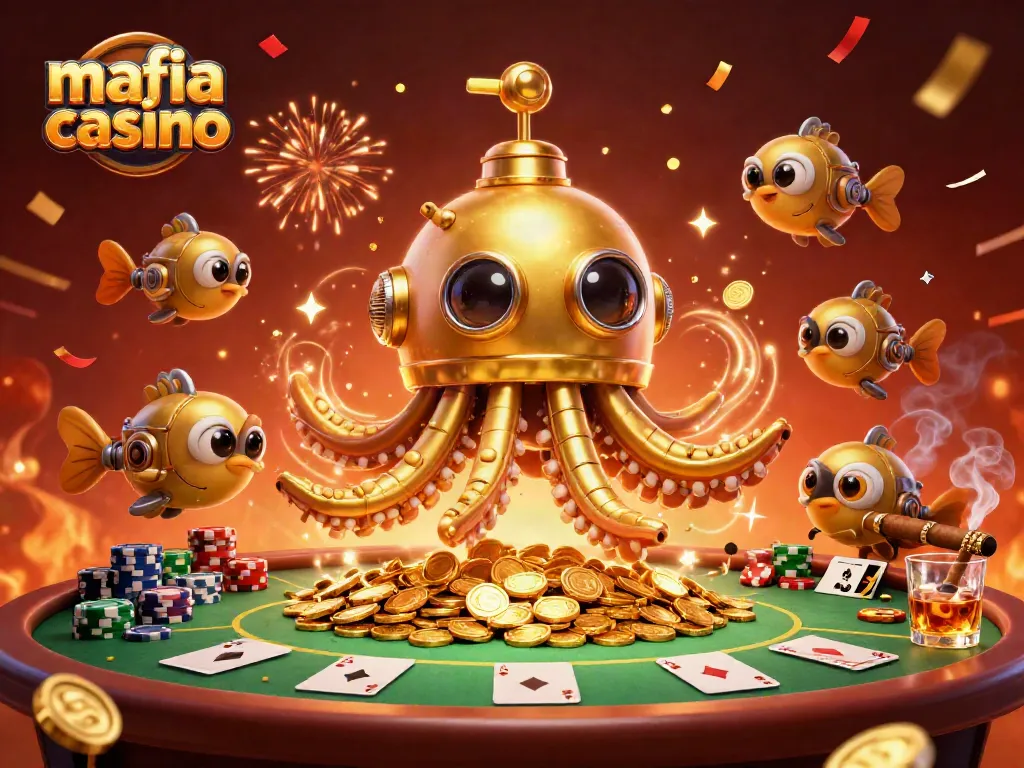 Mafia casino illustration with golden kraken, poker elements, and vibrant celebration effects