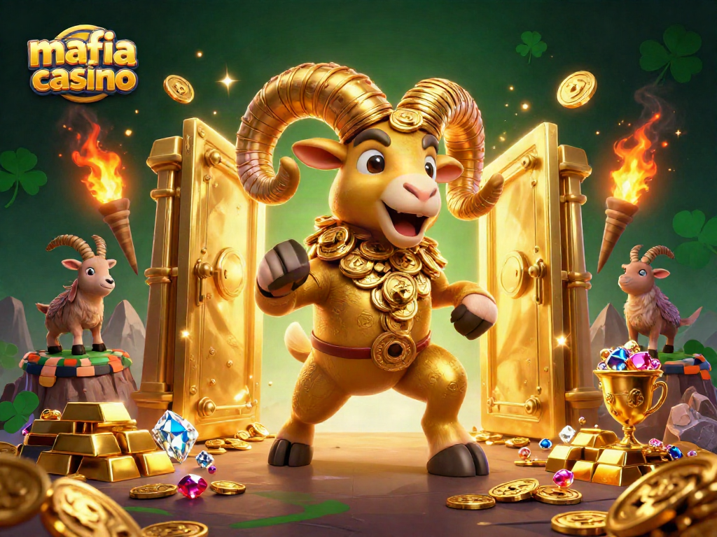 Mafia Casino's golden ram charging through a treasure vault, symbolizing big wins and excitement.